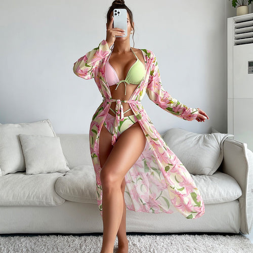 Dame Strandkimono med floral mønster og talje snøring Stilla