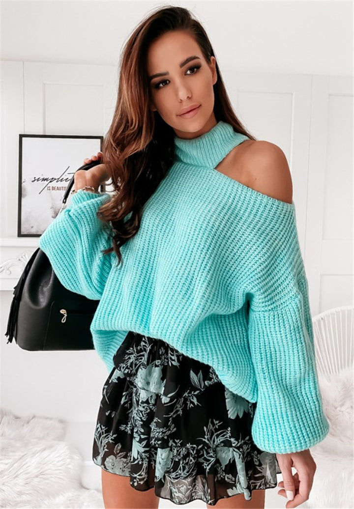 Dame afslappet strikpullover med asymmetrisk skulderdesign og høj krave Stilla