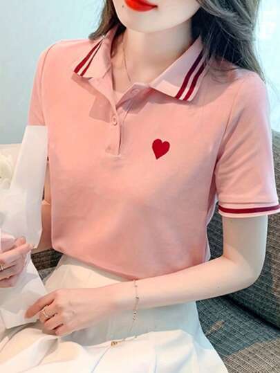 Dame Polo-shirt med fint hjertemotiv og kontrasterende striber Stilla