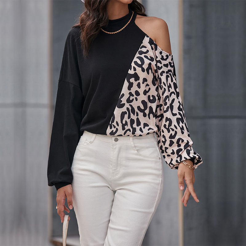 Kvindernes fashionable langærmet skjorte med leopardmønster og asymmetriske indlæg Stilla