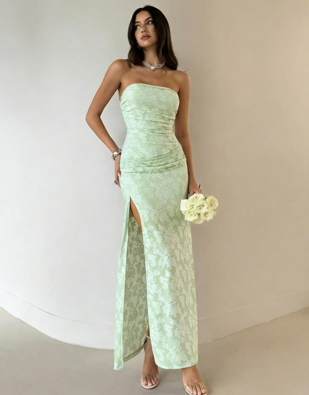 Dame Elegant Maxikjole med blomsterdesign og høj udsnit Skovae