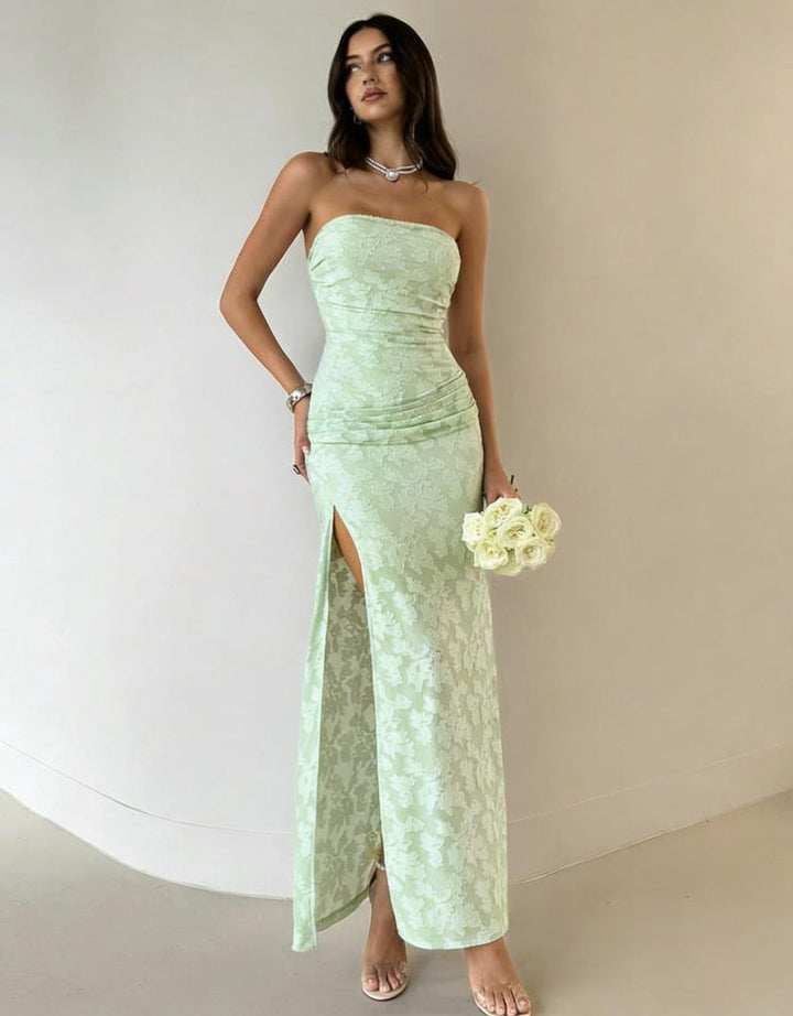 Dame Elegant Maxikjole med blomsterdesign og høj udsnit Skovae