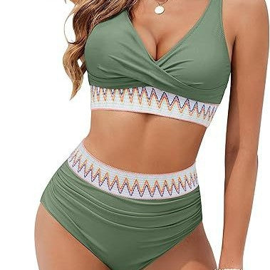 Dame Højskåret Bikini med elegant Wrap-top og farverigt bånd Stilla