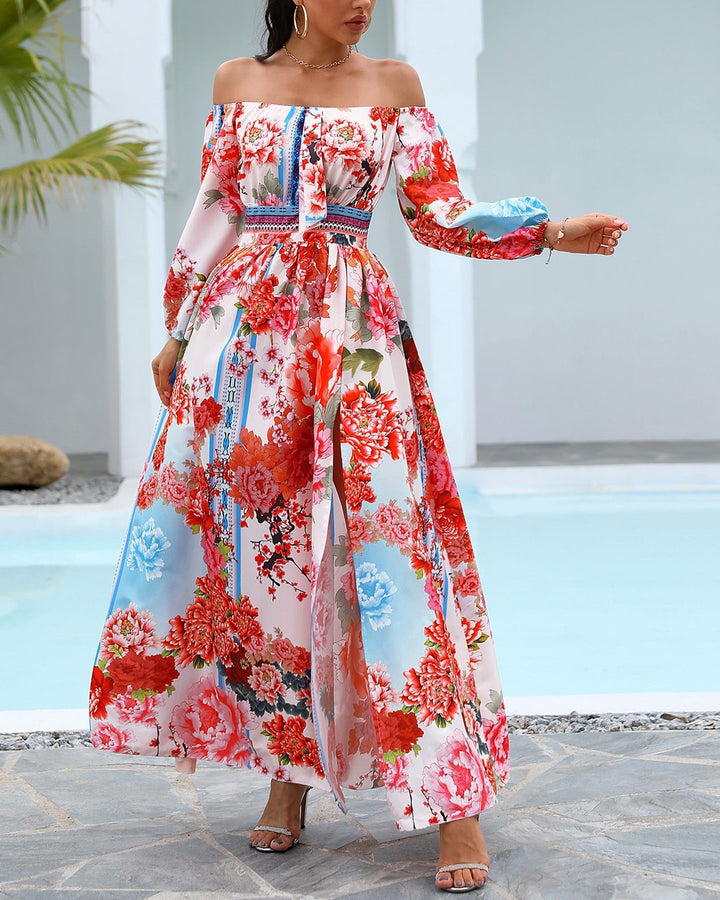 Dame Maxi-kjole med off-shoulder design og farverigt blomster mønster Stilla