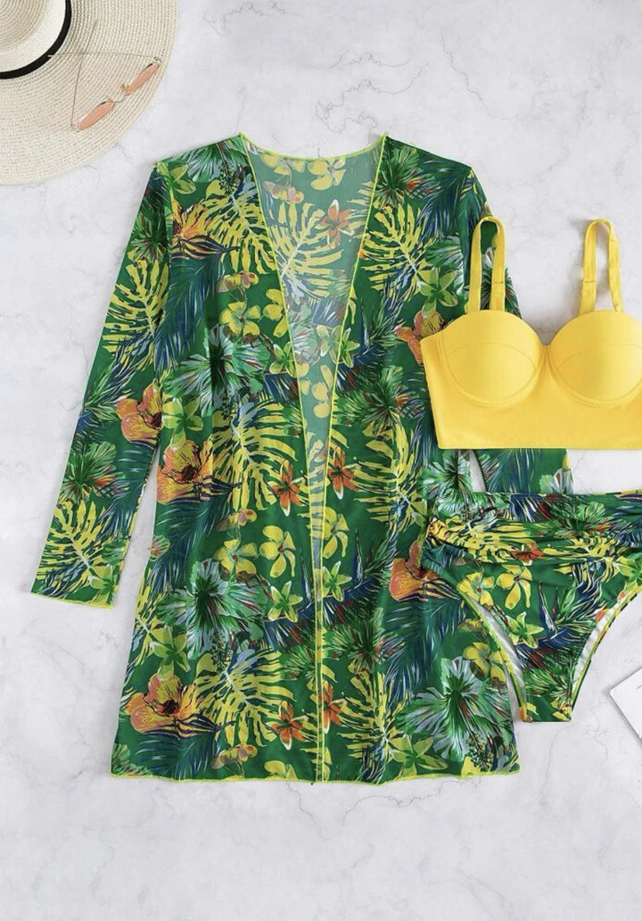 Dame bikini-sæt med floral kimono og polstret top Stilla