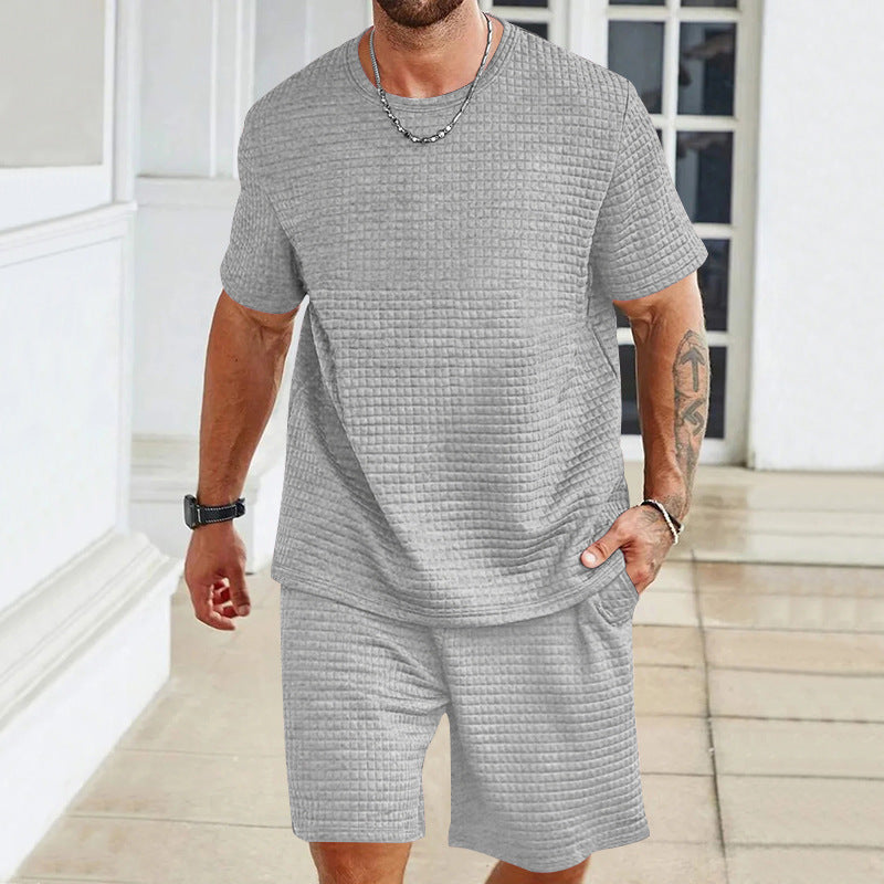 Herren nan vaffelstruktur bolig- og fritids-sæt med løst skåret kortærmet skjorte og kort shorts med elastisk talje Skovae