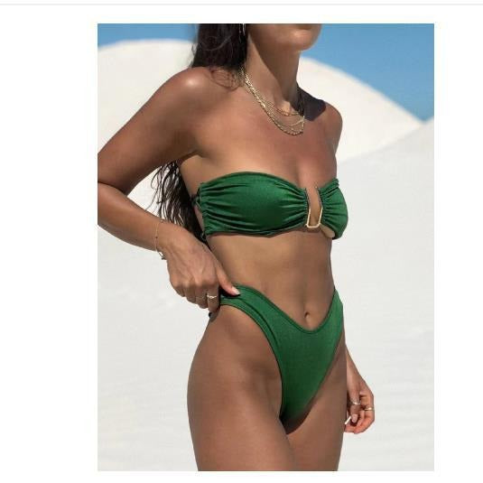 Dame High-Waisted Strapless Bikini-Sæt med unikt ringdetalje i midten Stilla