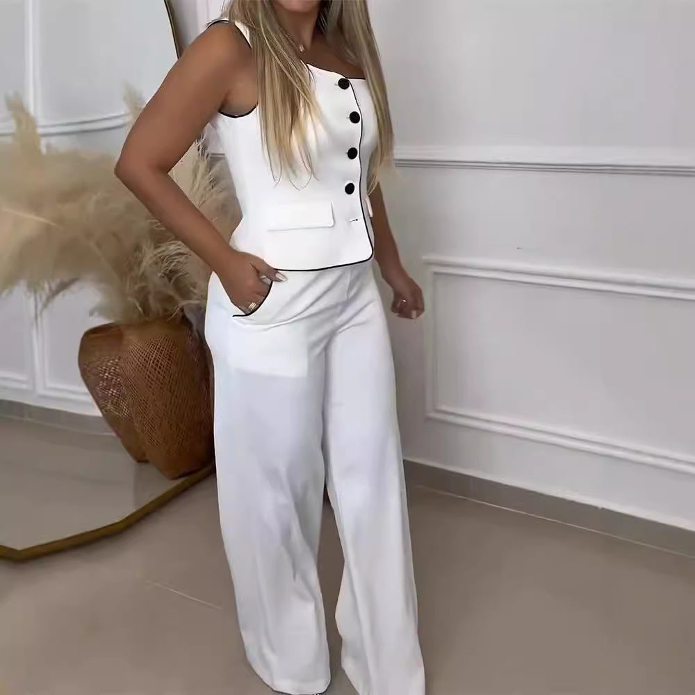 Damer Elegant To-delt Outfit med smykkeknapper og bredt skårne bukser Skovae