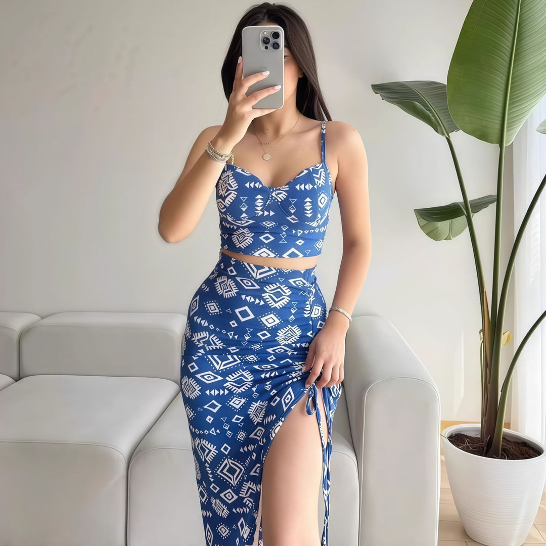 Dame Crop-Top og Maxi-Nederdel Sæt med grafisk mønster Stilla
