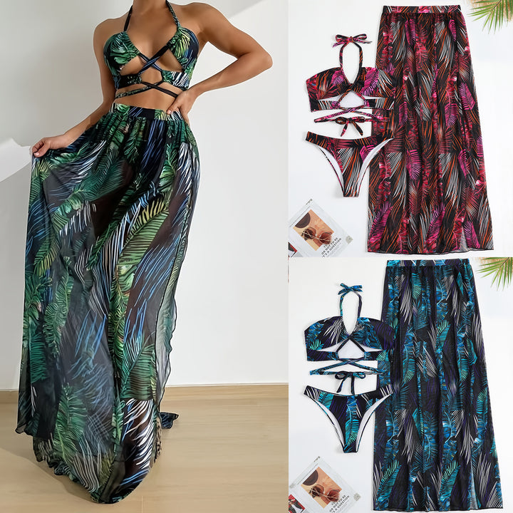 Dame bikini sæt med gennemsigtig strand nederdel og elegant blomster mønster Stilla