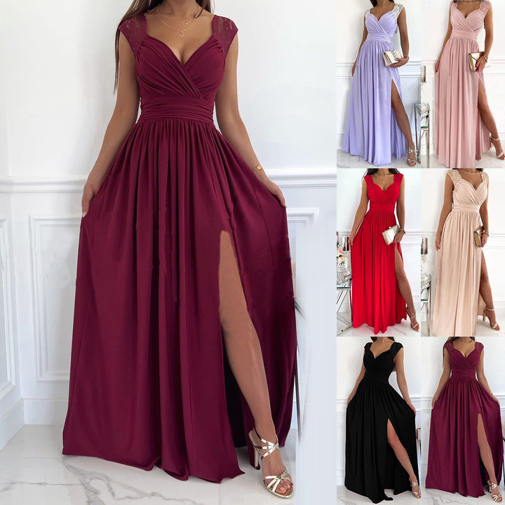 Dame elegant maxikjole med transparente spidsdetaljer og sidelukning Stilla