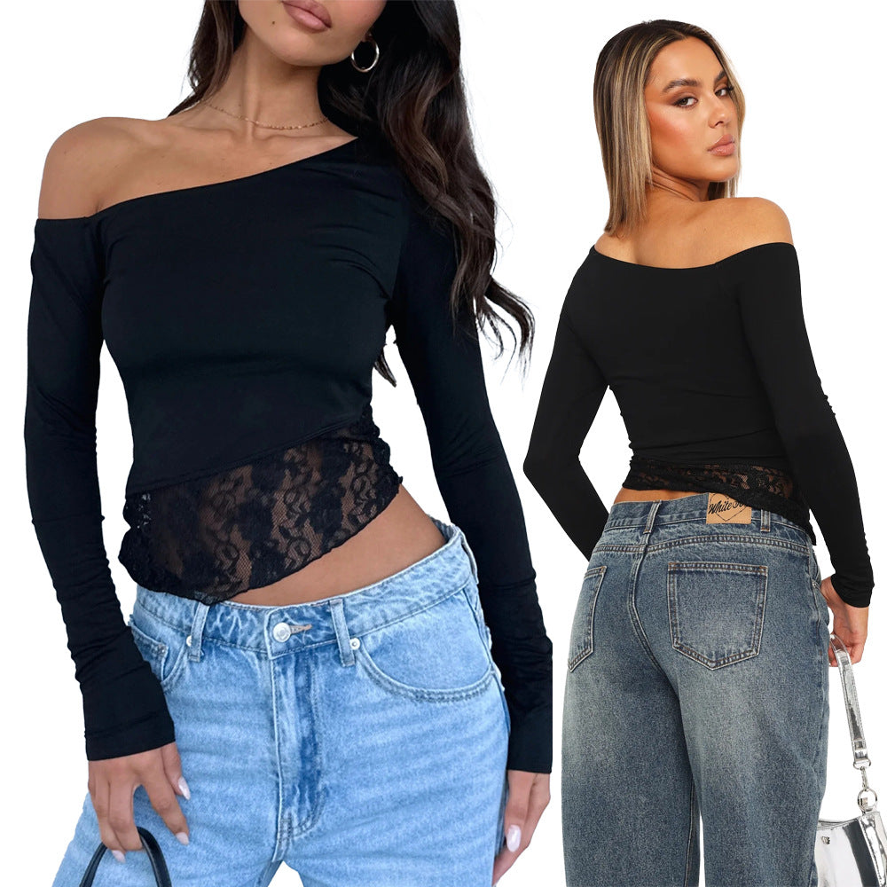 Dame Off-Shoulder Langeærmet T-shirt med Blonder Stilla