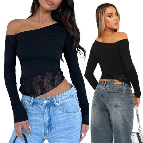 Dame Off-Shoulder Langeærmet T-shirt med Blonder Stilla