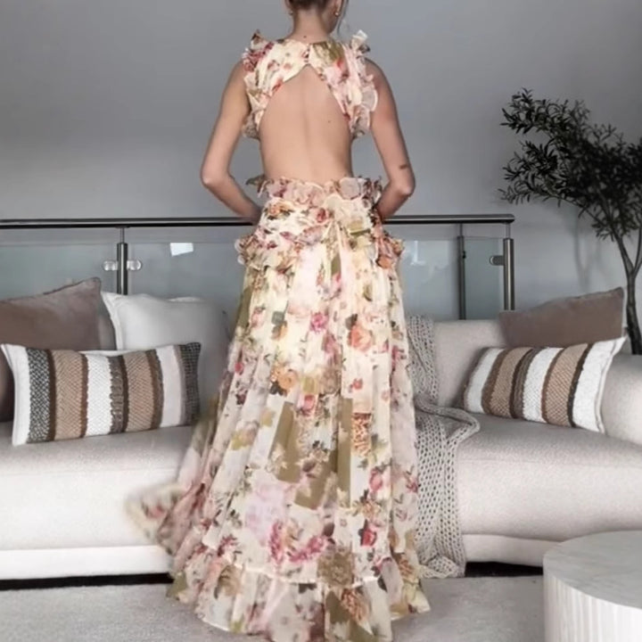 Damer Elegant Maxi Kjole med Blomster Flæser og Dyb V-Udskæring