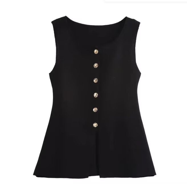 Femme Ribbet Strik Knap-Op Tank Top Stilla