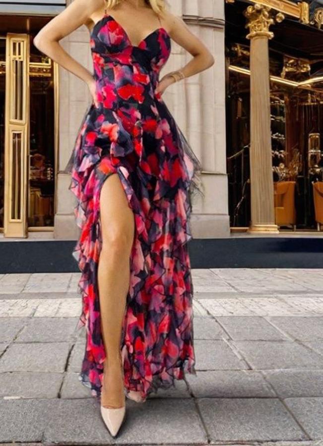 Dame maxikjole med elegante volangdetaljer og blomstret design Stilla