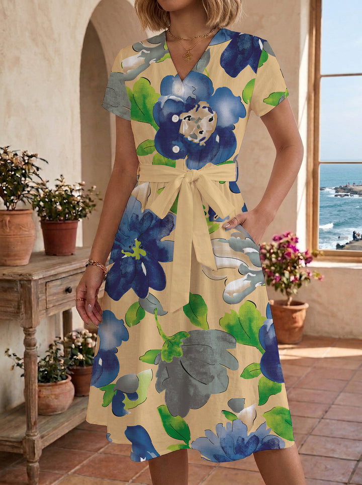 Dame midi kjole med blomsterprint og talje bælte Skovae