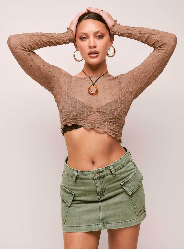 Dame Crop-top med flæsedetaljer og bindebånd Stilla