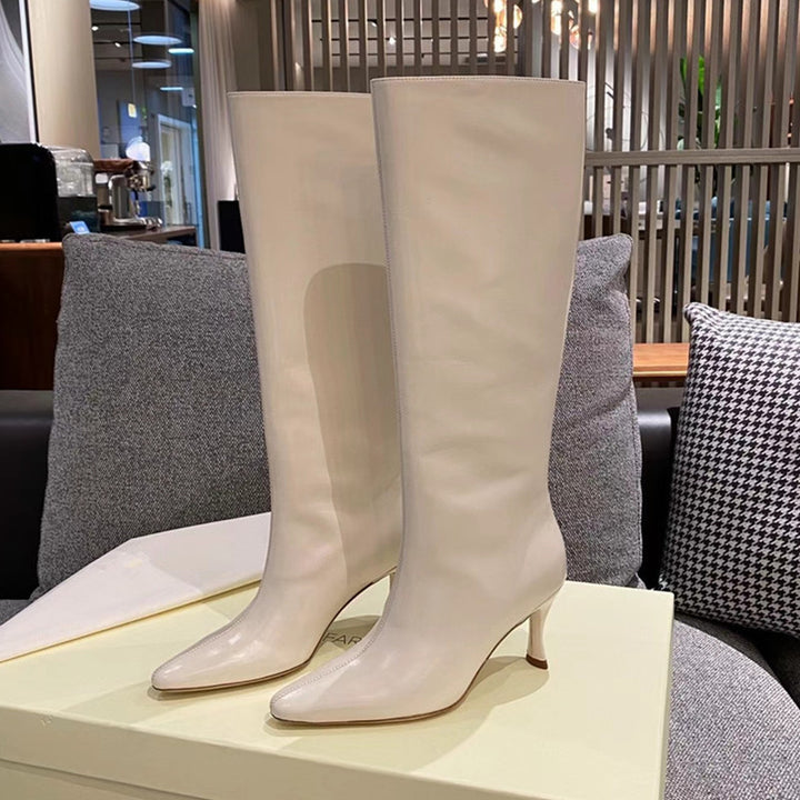 Femme Glinsende Spids-Toe Knæhøje Stiletto Støvler Stilla