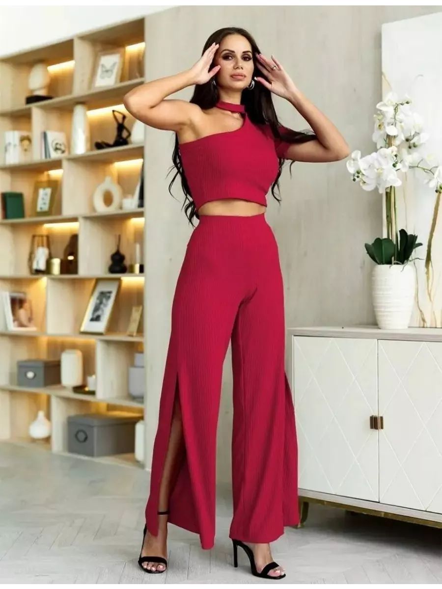 Dame Cropped Top og løse bukser i stribet design Stilla