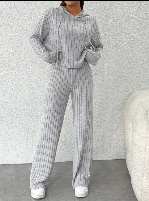 Dame Blødt Strik-Loungewear-Sæt med bredt bånd og ribbet design Stilla