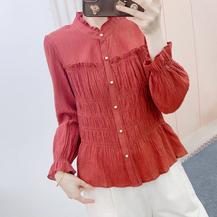 Dame elegant bluse med rynkedesign og knapdetaljer Stilla