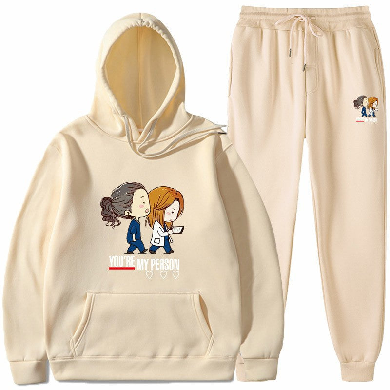 Dame Hoodie og Joggingbukser Sæt med Originalt Tegneserie Design Skovae
