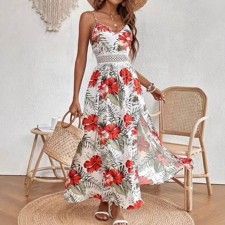 Dame Maxikjole med elegante sidespring og florale motiver Stilla