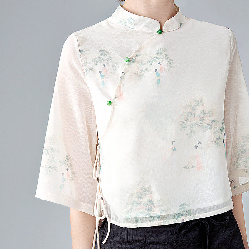 Dame kortærmet bluse med elegant ståkrave og blomsterdesign Stilla