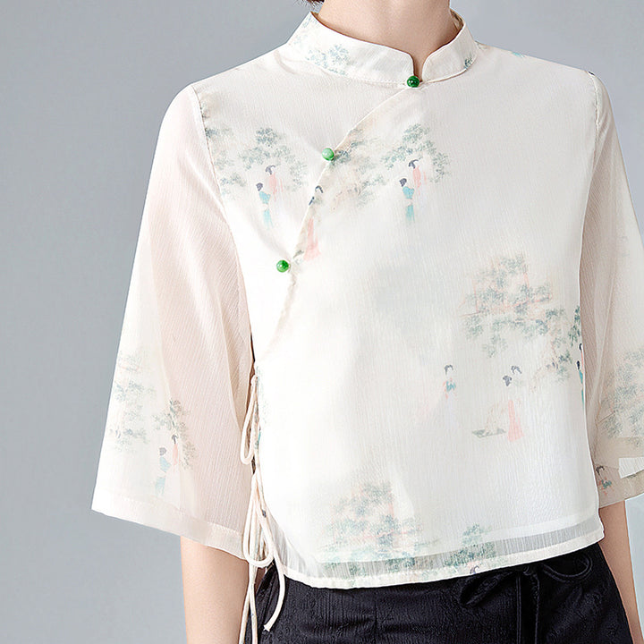 Dame kortærmet bluse med elegant ståkrave og blomsterdesign Stilla