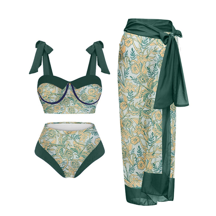 Dame HøjTaljet Floral Print Bikini Sæt med matchende Wickelrock Stilla