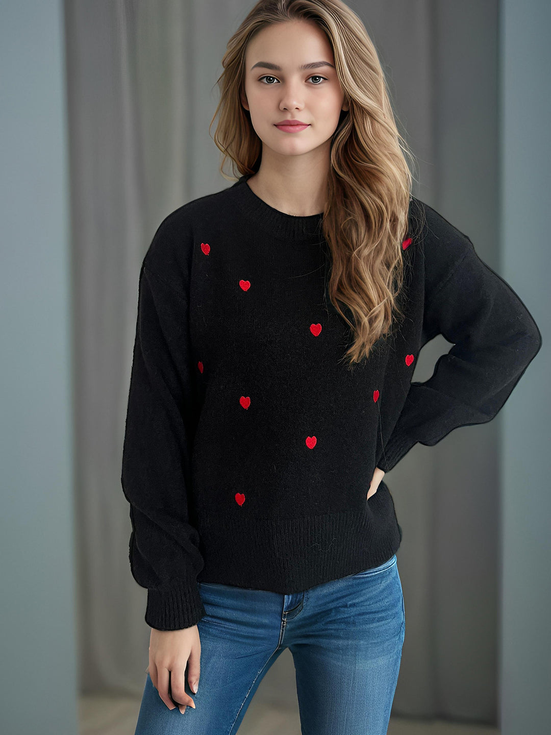 Kvinders sweater med legesyg hjerte mønster og afslappet pasform Stilla