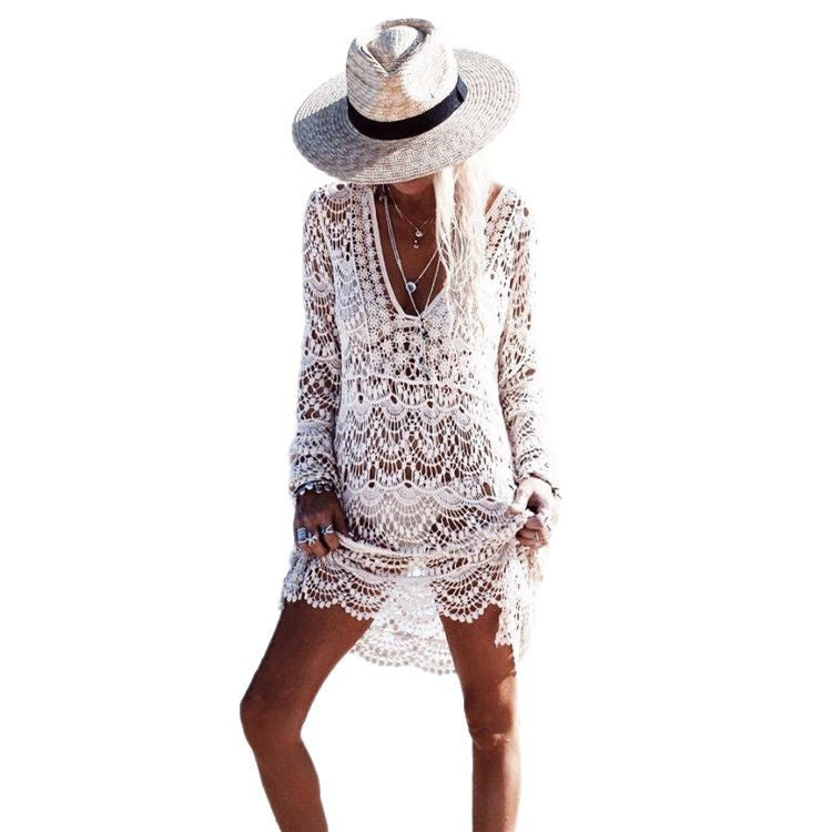 Dame Hækle-Strandkjole med elegant off-shoulder silhuet Stilla