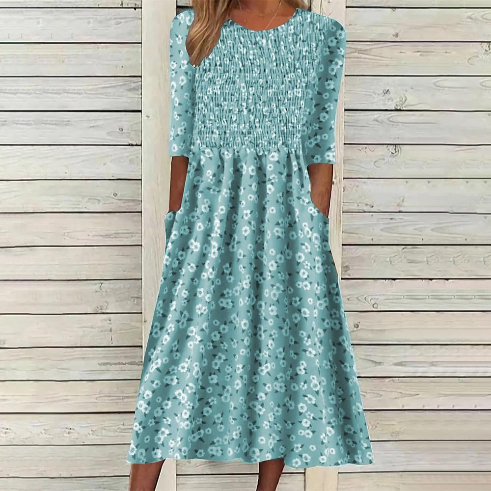 Dame Blomst Midi Kjole med Lommer Stilla