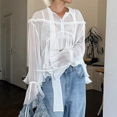 Damer Gennemsigtig Bluse med Rynkedetaljer og Casual Snit Stilla