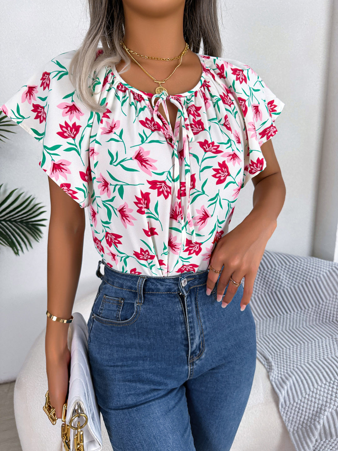 Damebluse med blomsterprint og elastiske ærmer Stilla