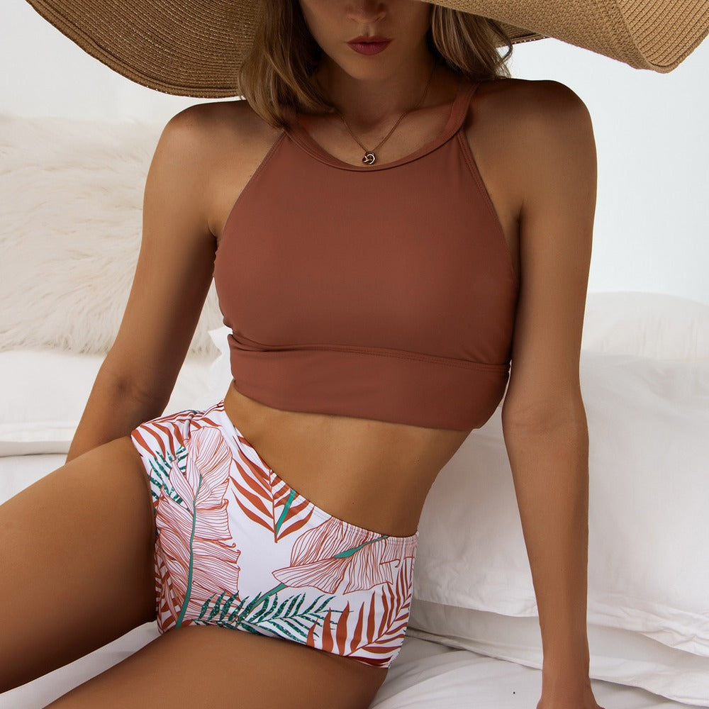 Dame højtaljede bikini-sæt med sporty top og blomstermønster Stilla