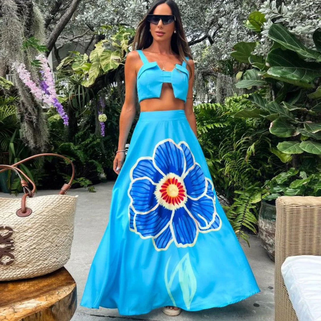 Dame Crop-Top og Maxirygsæt med blomsterdesigns og unik snit Stilla