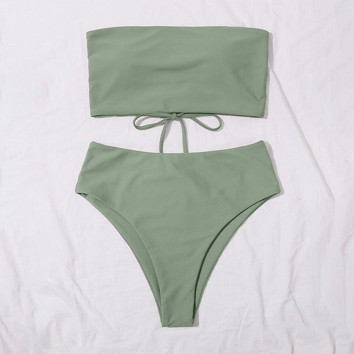 Dame bikini-sæt med bandeau-top og høj talje-bikini-bund Skovae