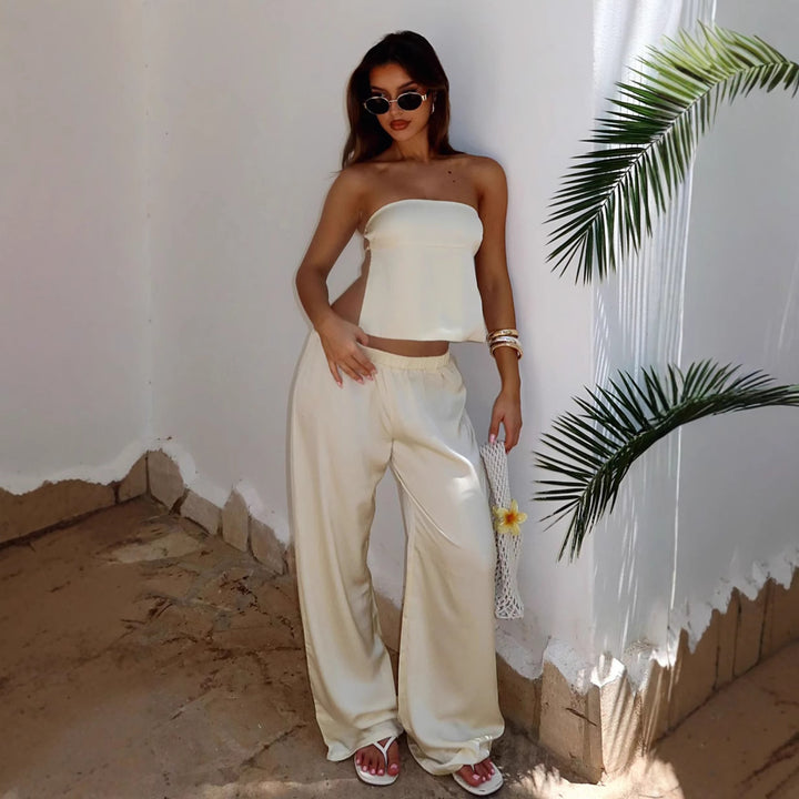 Dame Elegant Strapless Crop Top og Flydende Stumpebukser-Sæt Stilla