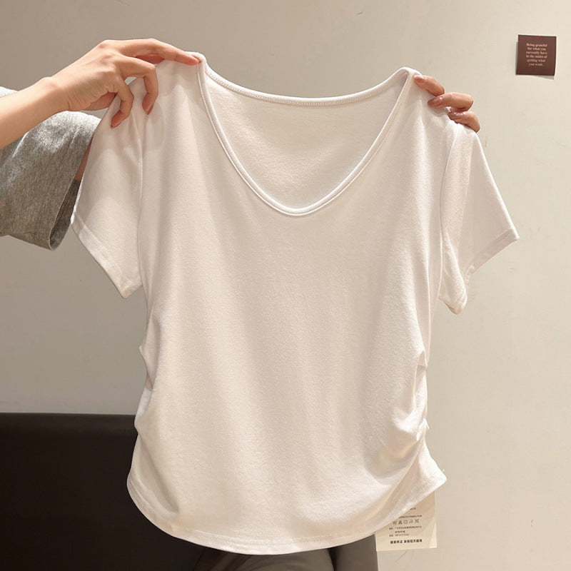 Femme Blødt V-hals Fritids T-shirt med rynkede sider Stilla