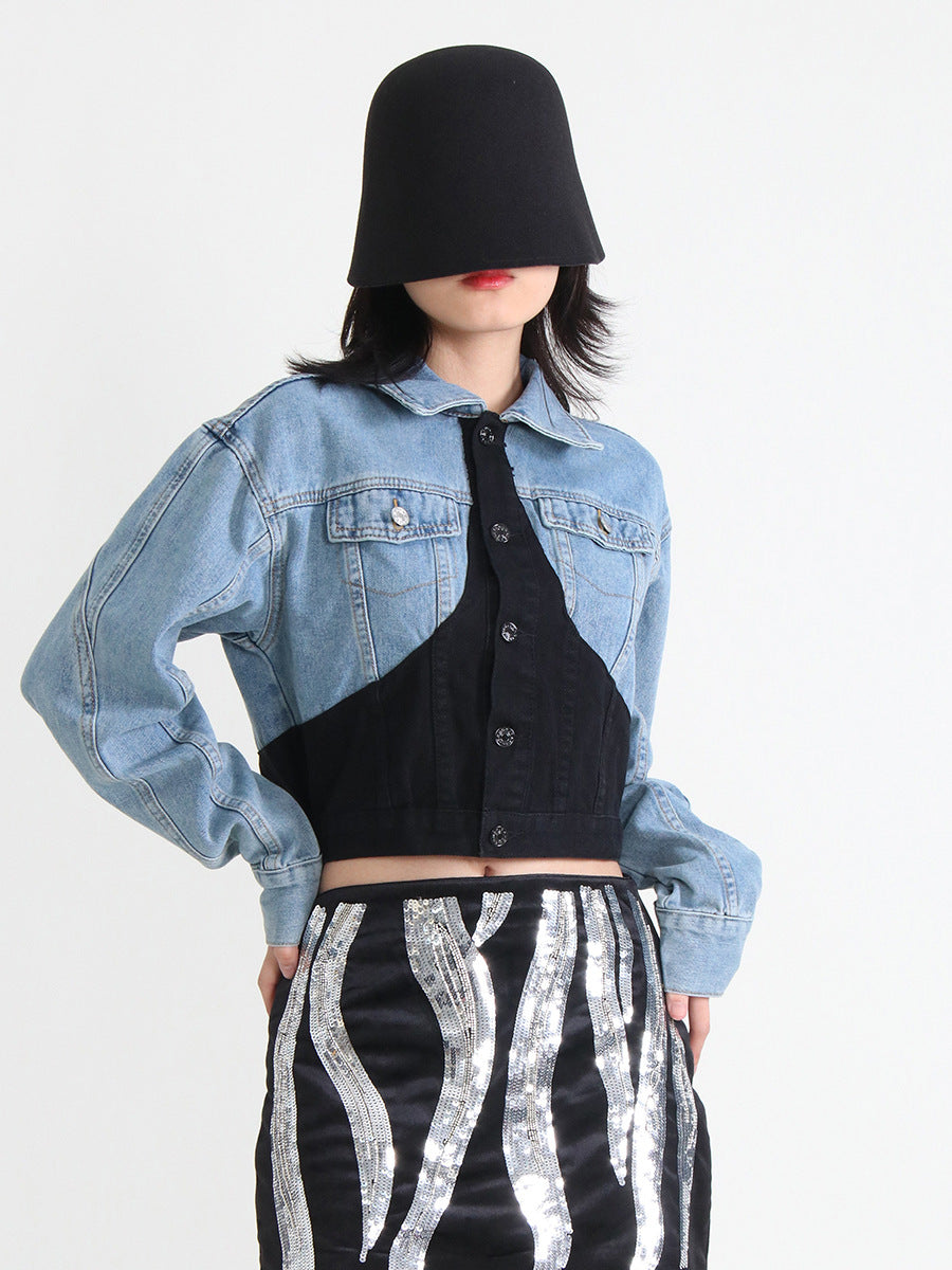 Dame cropped Jeansjakke med farvekombination Stilla