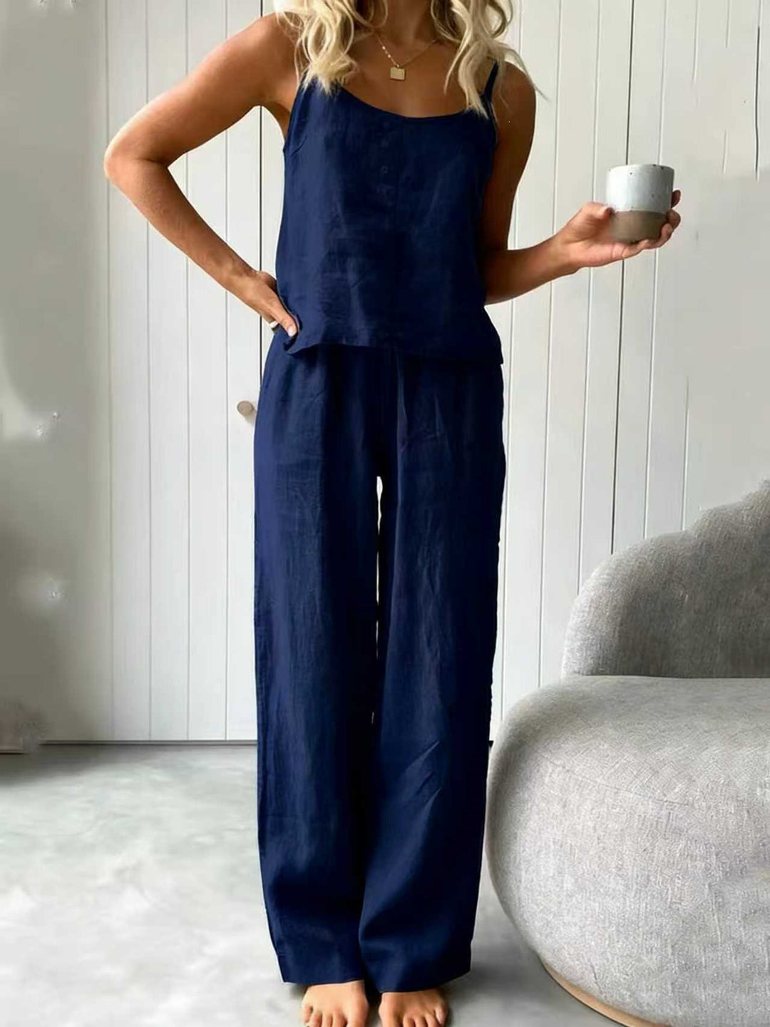 Dame casual linned sæt med top og brede bukser Skovae