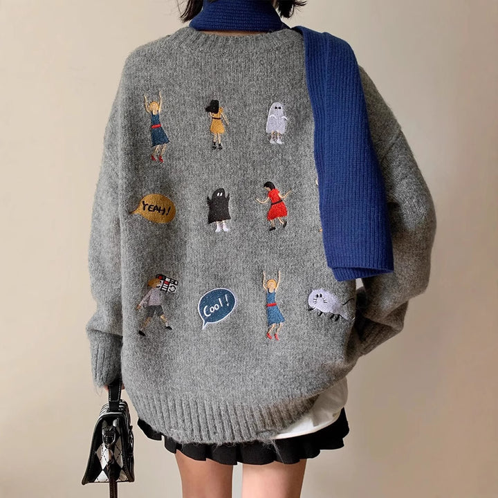 Kvindernes chunky strikket sweater med unik broderi Stilla