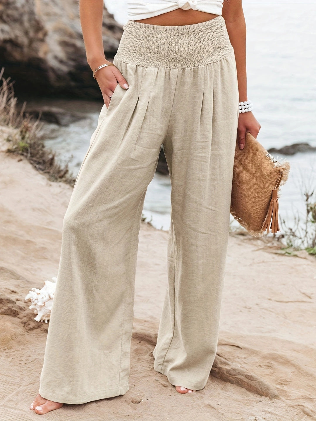 Dame bred sommerbuks med elastisk talje og elegant plissering Stilla