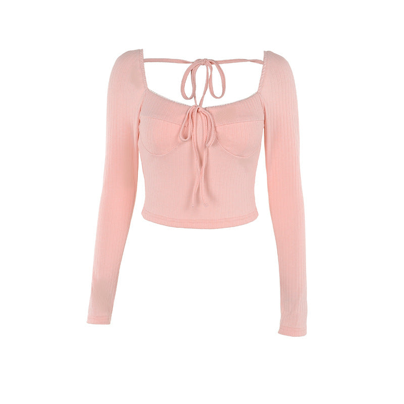 Dame Ribbstrik Langærmet Crop Top med frontknude Stilla