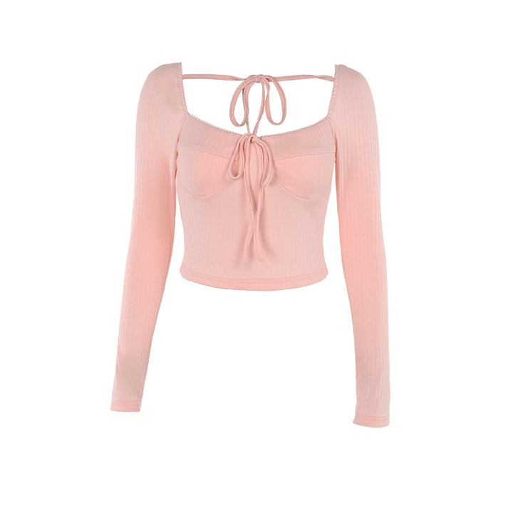 Dame Ribbstrik Langærmet Crop Top med frontknude Stilla