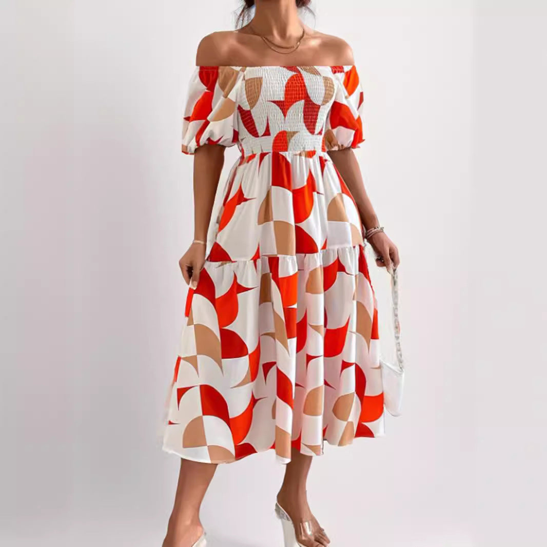 Dame Off-Shoulder Maxikjole med luftige puffærmer og geometrisk mønster Stilla