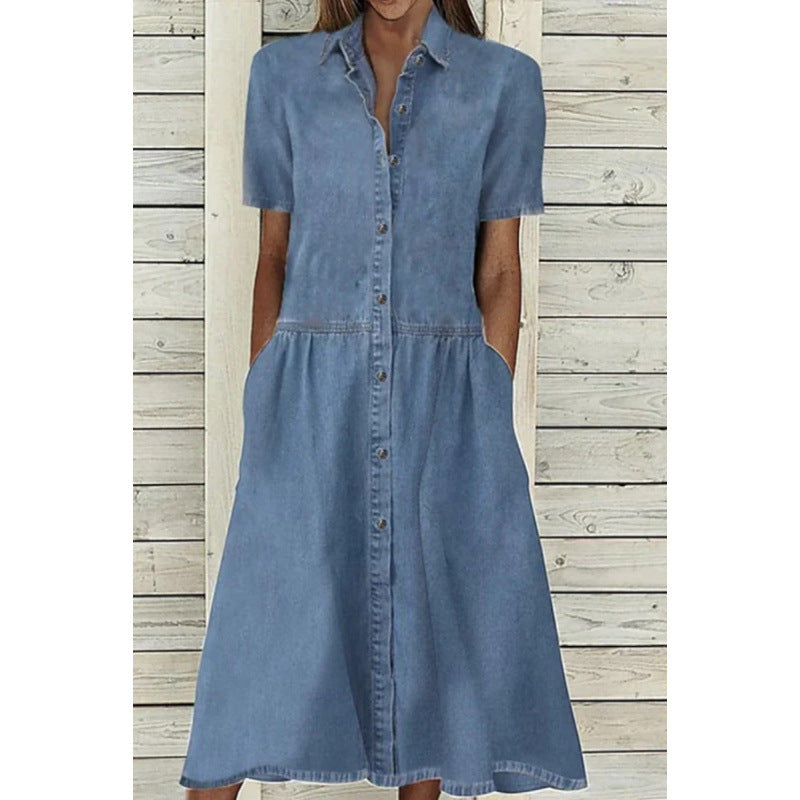 Dame Button-Up Denim Midi Kjole med Lommer Stilla