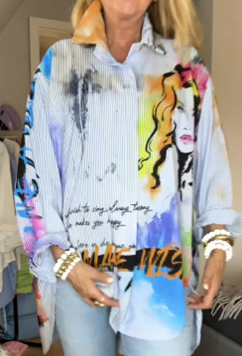 Dame nan vidt skåret skjortebluse med kunstnerisk graffiti-print, fin nålestribe tekstur og forlænget kant Skovae